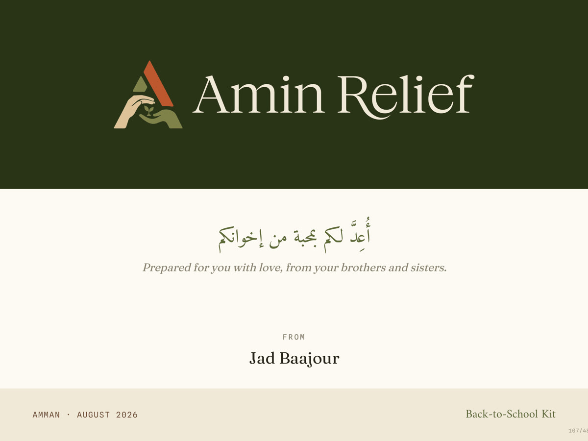 A dedication card carrying the donor’s name, the month and the kit